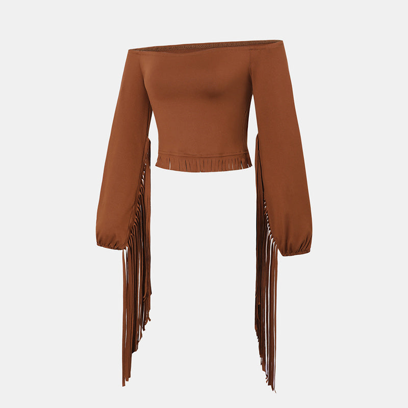 Women's Western Cowgirl Fringe Trim Tops Sexy Off Shoulder Long Sleeve T Shirts Tassel Top