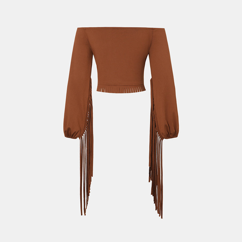 Women's Western Cowgirl Fringe Trim Tops Sexy Off Shoulder Long Sleeve T Shirts Tassel Top