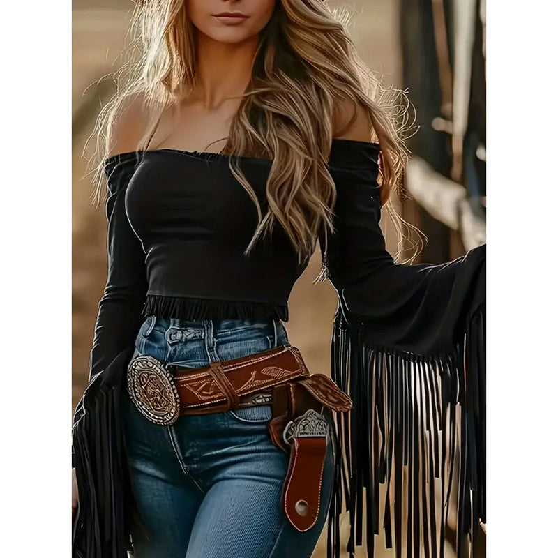 Women's Western Cowgirl Fringe Trim Tops Sexy Off Shoulder Long Sleeve T Shirts Tassel Top