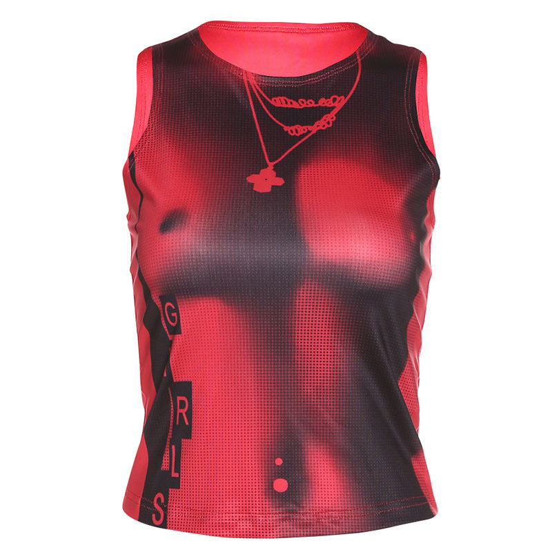 Round Neck Navel Exposed Printed Slim Fitting Bottom Tank Top