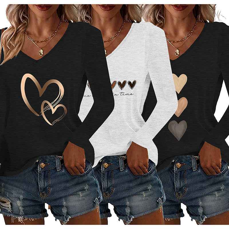 3PCS Women's Floral Heart Graphic T Shirts V Neck Long Sleeve Casual Fall Tops