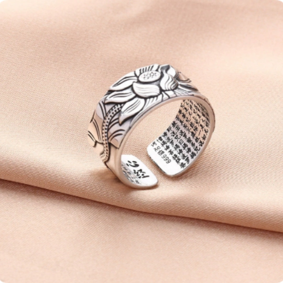 Lotus Hannya Shingyo S999 Sterling Silver Ring Antique Style