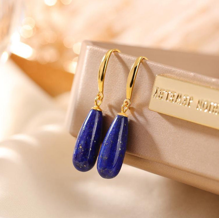 Pure Silver Gold-plated Exquisite Geometric Shape Natural Lapis Lazuli Water Droplet Shaped Earrings