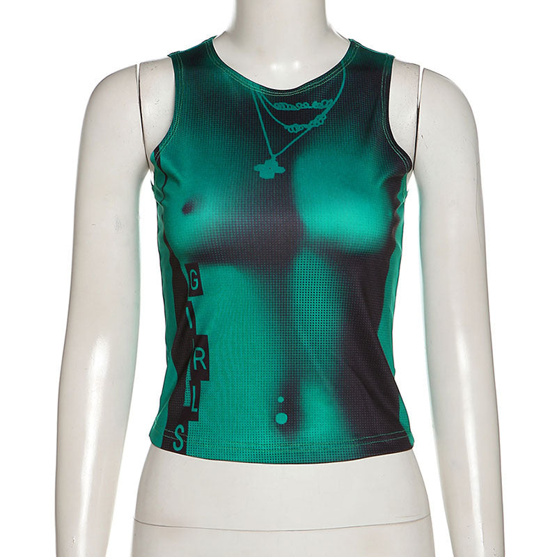 Round Neck Navel Exposed Printed Slim Fitting Bottom Tank Top