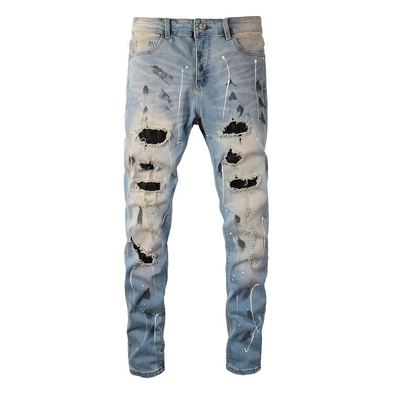 Rhinestone Patch Slim Fit Straight Ripped High Street Jeans