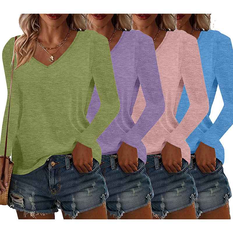 4 Pack Long Sleeve Tops For Women V Neck Dressy Basics Tees Casual Trendy Loose Fit T Shirts
