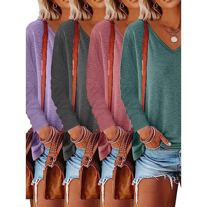 4 Pack Long Sleeve Tops For Women V Neck Dressy Basics Tees Casual Trendy Loose Fit T Shirts - MIQ Store