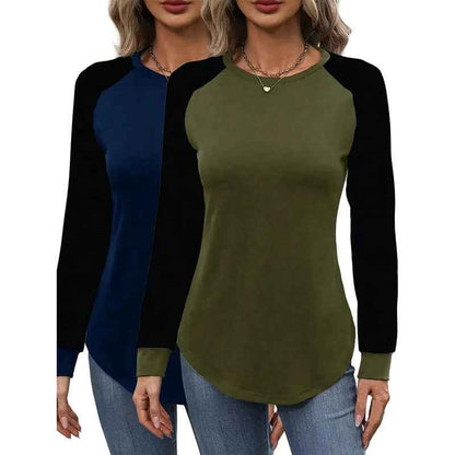 2 Pack Women's Long Sleeve Shirts, Casual Loose Fit Tunic Tops Crew Neck Trendy Tee Solid Color Pullover Shirts - MIQ Store