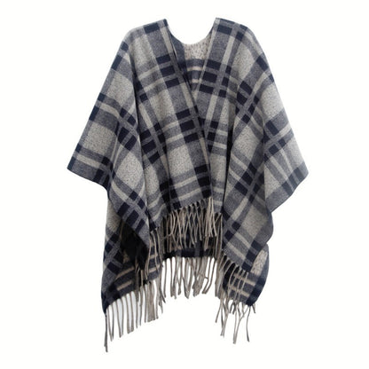Plaid Navy Blue Fur Collar Shawl Warm