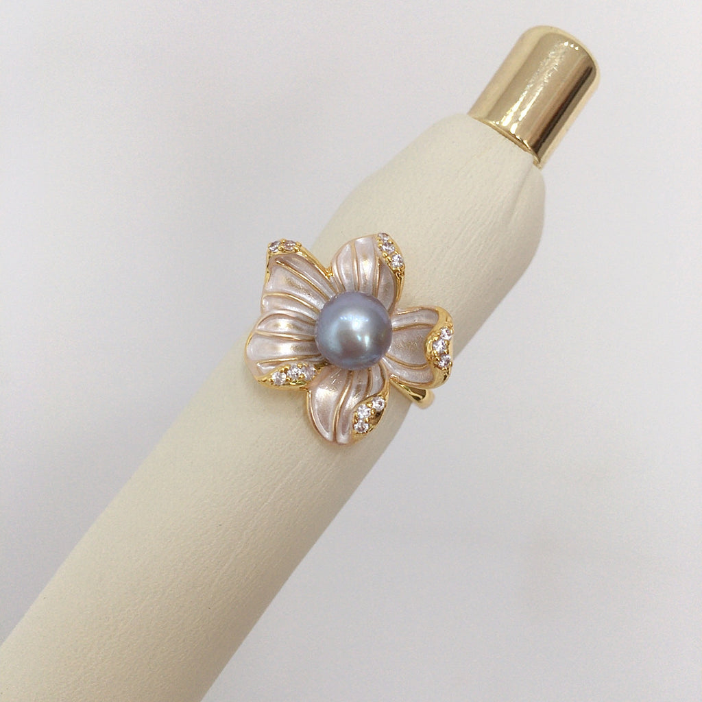 5A Bright Natural Freshwater Pearl Ring 18K Real Gold Plated Frosted Flower Ring