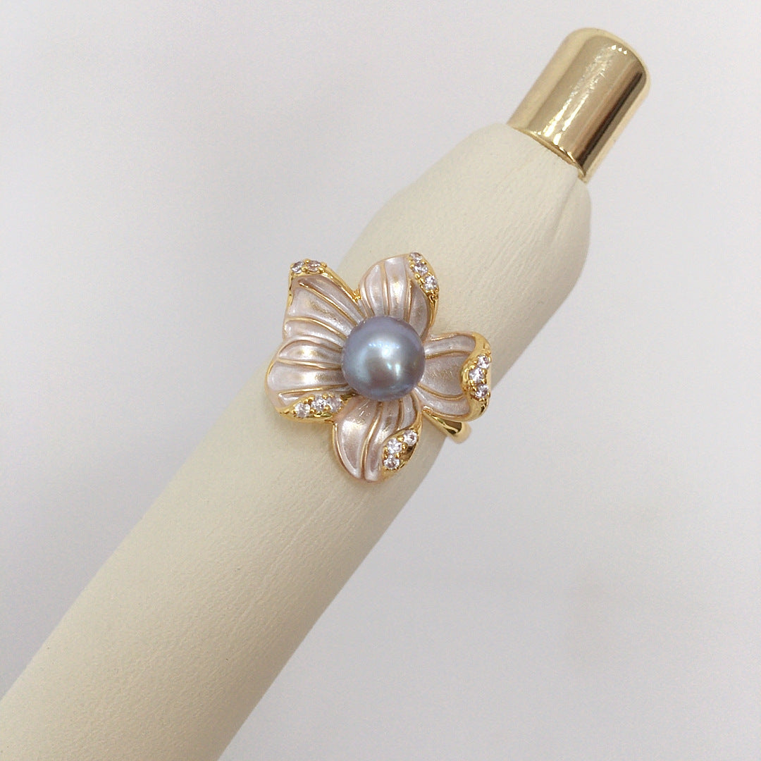 5A Bright Natural Freshwater Pearl Ring 18K Real Gold Plated Frosted Flower Ring