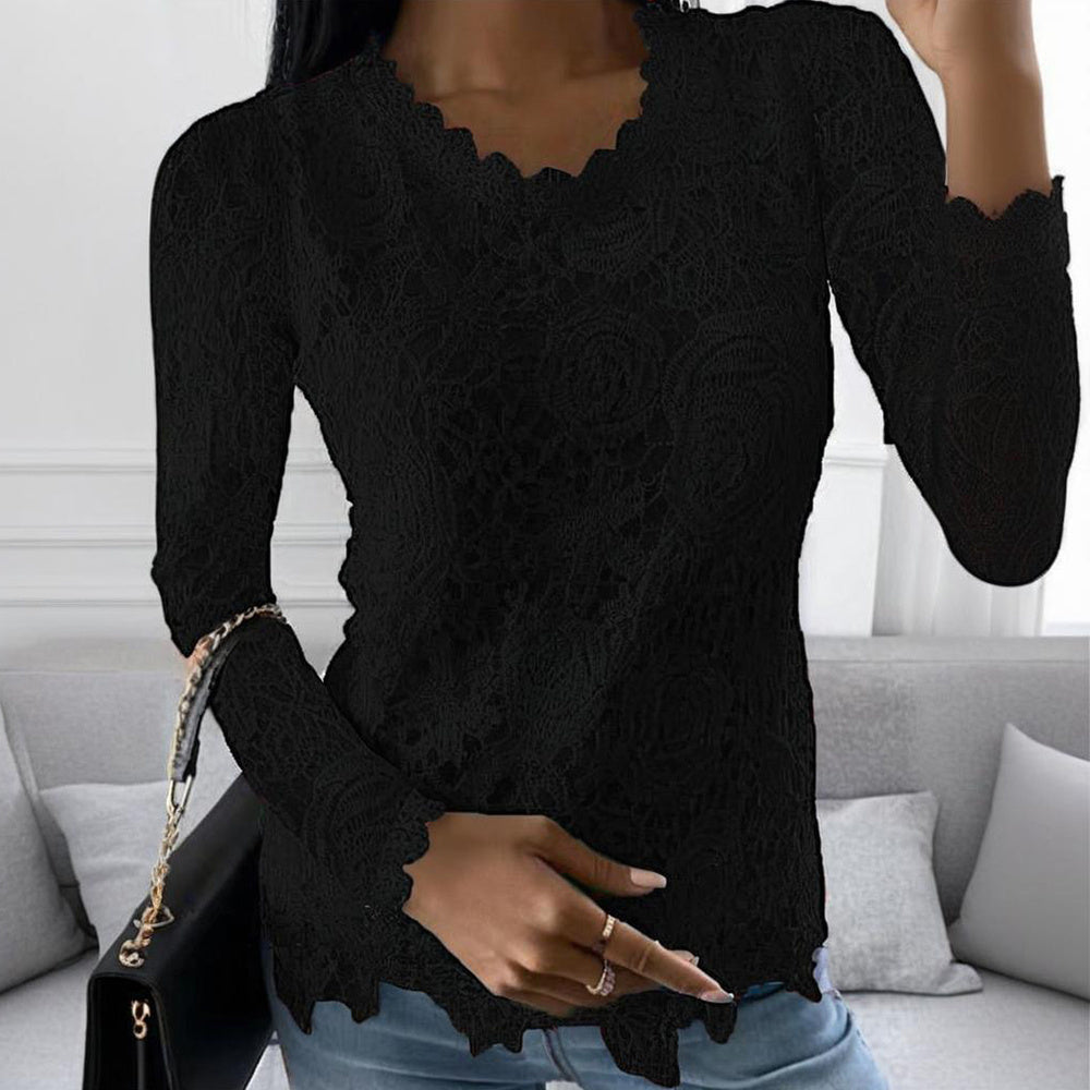 Plus Size Women's Solid Color Lace Long Sleeve T-Shirt - Floral Cutout Design, Round Neck, Elegant Vacation Style Top For Spring&Summer