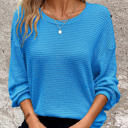 Plus Size Women's Waffle Knit Round Neck Drop Shoulder Long Sleeve Top - Casual Loungewear