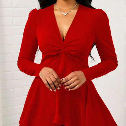Women's Solid Color V-neck Cinched Waist Slimming Neckline Knot Design Wide And Relaxed Top