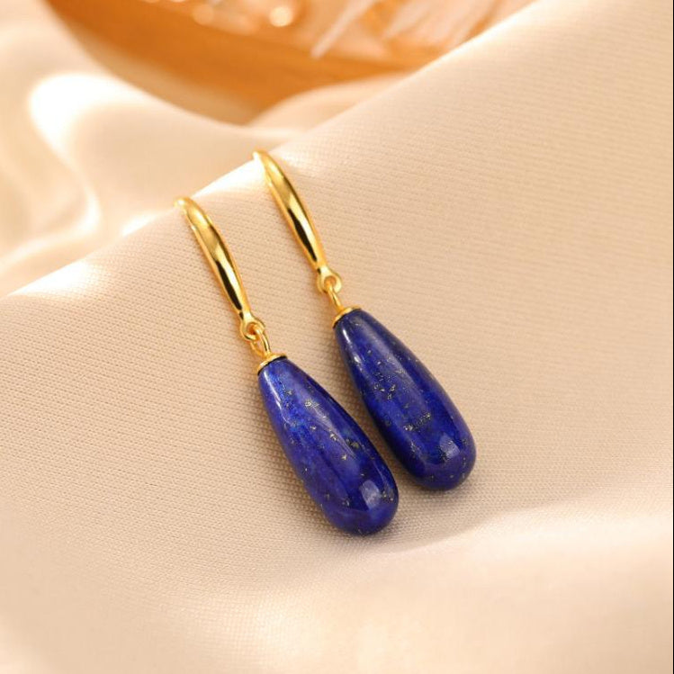 Pure Silver Gold-plated Exquisite Geometric Shape Natural Lapis Lazuli Water Droplet Shaped Earrings