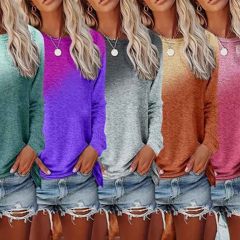 5 Pack Women's Casual Gradient Color Round Neck Long Sleeve Tops Set Spring & Fall - MIQ Store