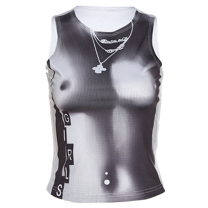 Round Neck Navel Exposed Printed Slim Fitting Bottom Tank Top