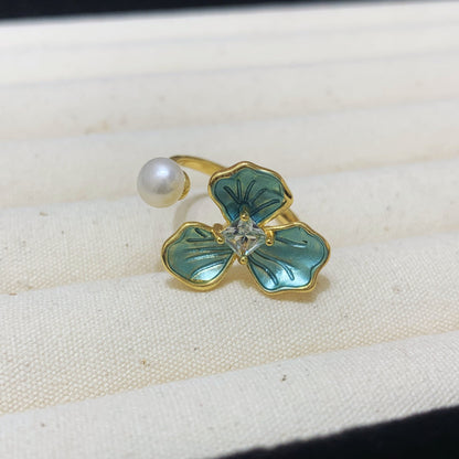 Fashion Freshwater Pearl Ring Colorful Painting Oil Flowers