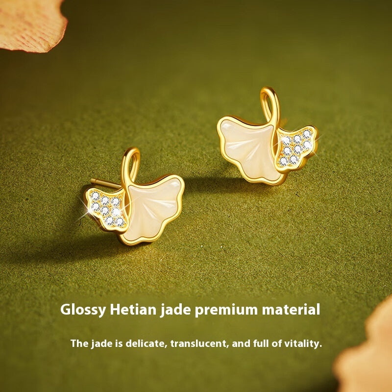 Niche Design Ancient Style Sansheng Apricot Hetian Jade Ear Studs