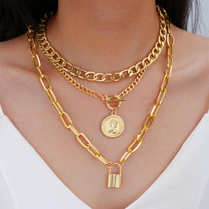 European And American Coin Snake Bone Three-layer Necklace For Women