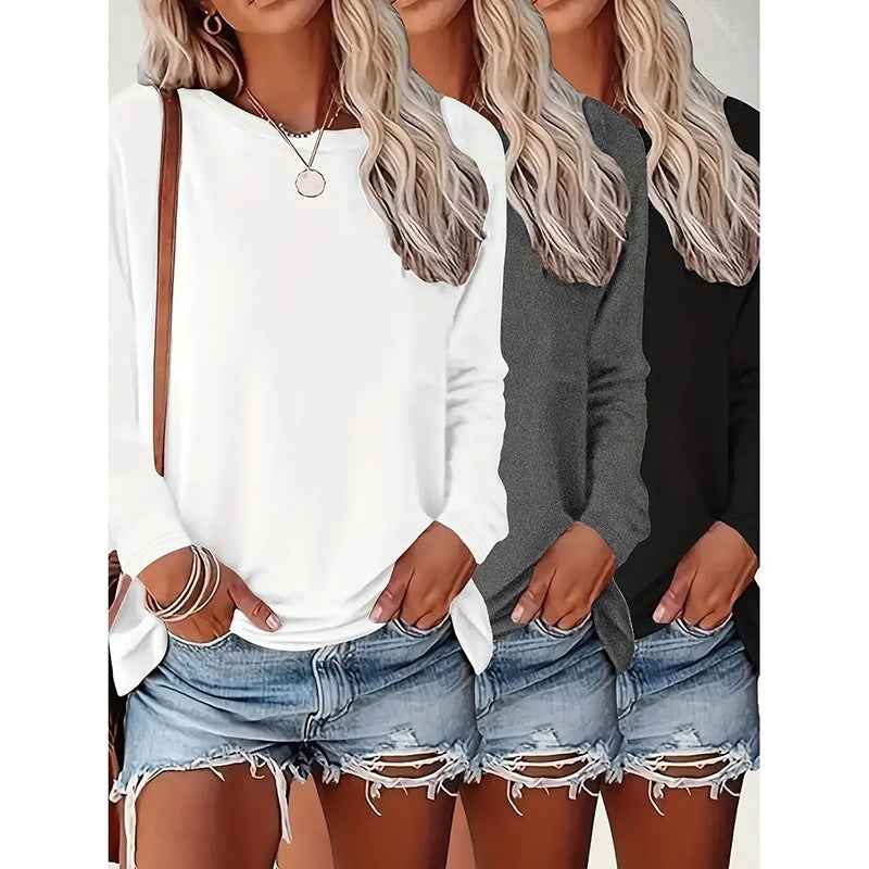 3 Pack Womens Plus Size Long Sleeve Shirts Crew Neck Basic Tee Tops Loose Fit Fall Outfits For Women 1X-5X