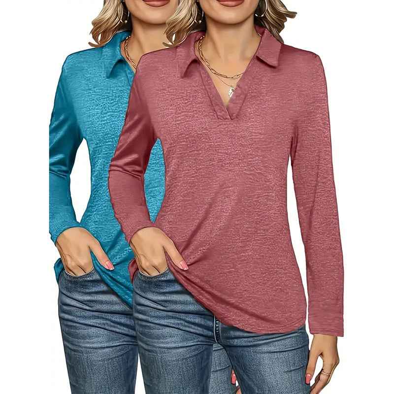 2 Packs Womens Polo Shirts Long Sleeve Business Casual Tops Collared V Neck Basic Tees Blouse