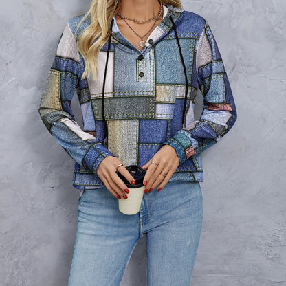 Women's Hooded Geometric Print Drawstring Fashionable Casual Hoodie Top