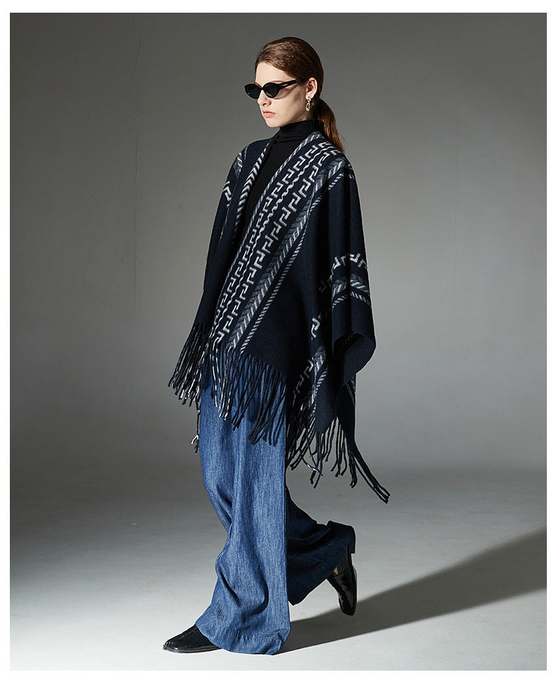 Cloak Ethnic Style Navy Blue Tassel Jacquard Shawl