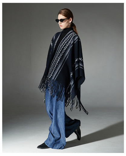 Cloak Ethnic Style Navy Blue Tassel Jacquard Shawl