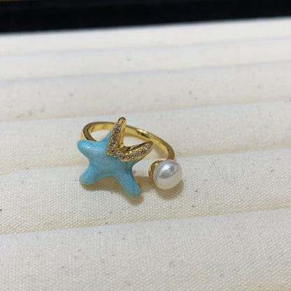 Fashion Freshwater Pearl Ring Colorful Painting Oil Flowers