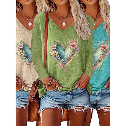 3PCS Women's Floral Heart Graphic T Shirts V Neck Long Sleeve Casual Fall Tops