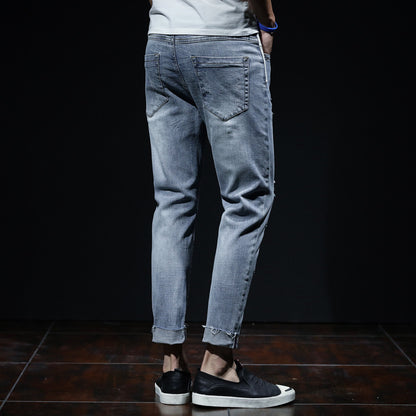 Spring And Summer Ripped Jeans Elastic Small Leg Straight Leg Pants Youth