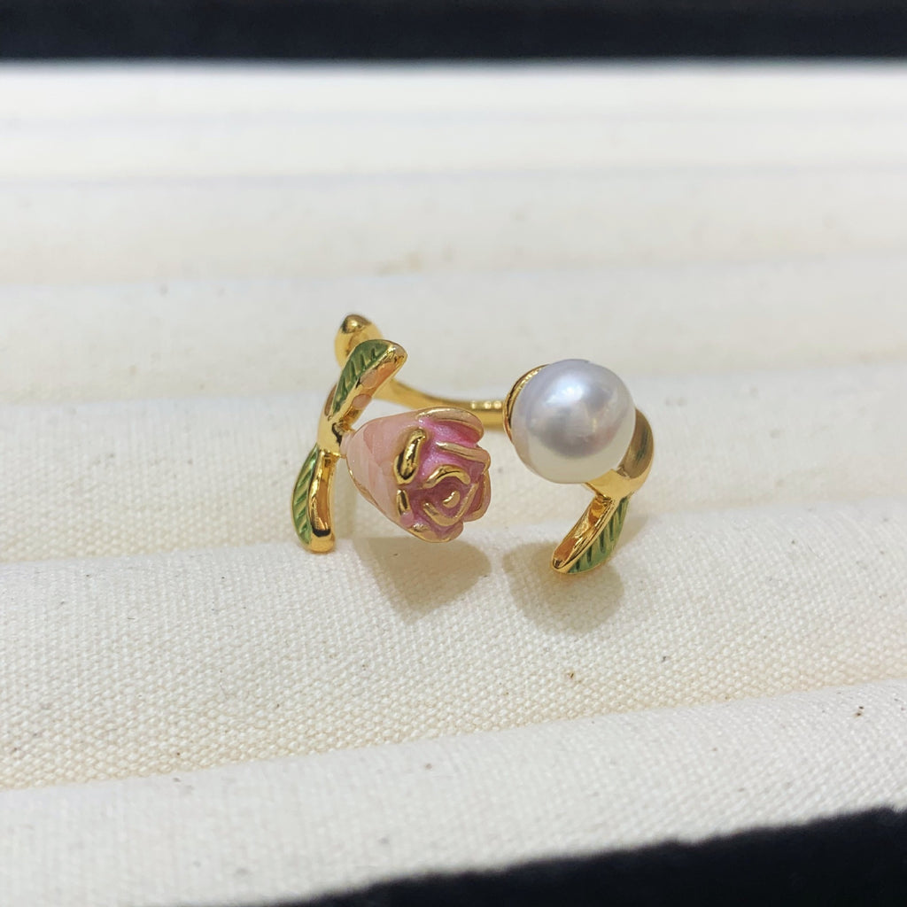 Fashion Freshwater Pearl Ring Colorful Painting Oil Flowers