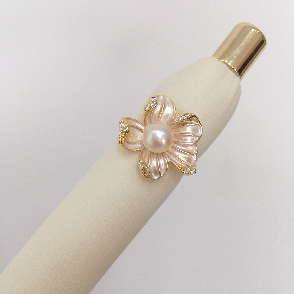 5A Bright Natural Freshwater Pearl Ring 18K Real Gold Plated Frosted Flower Ring