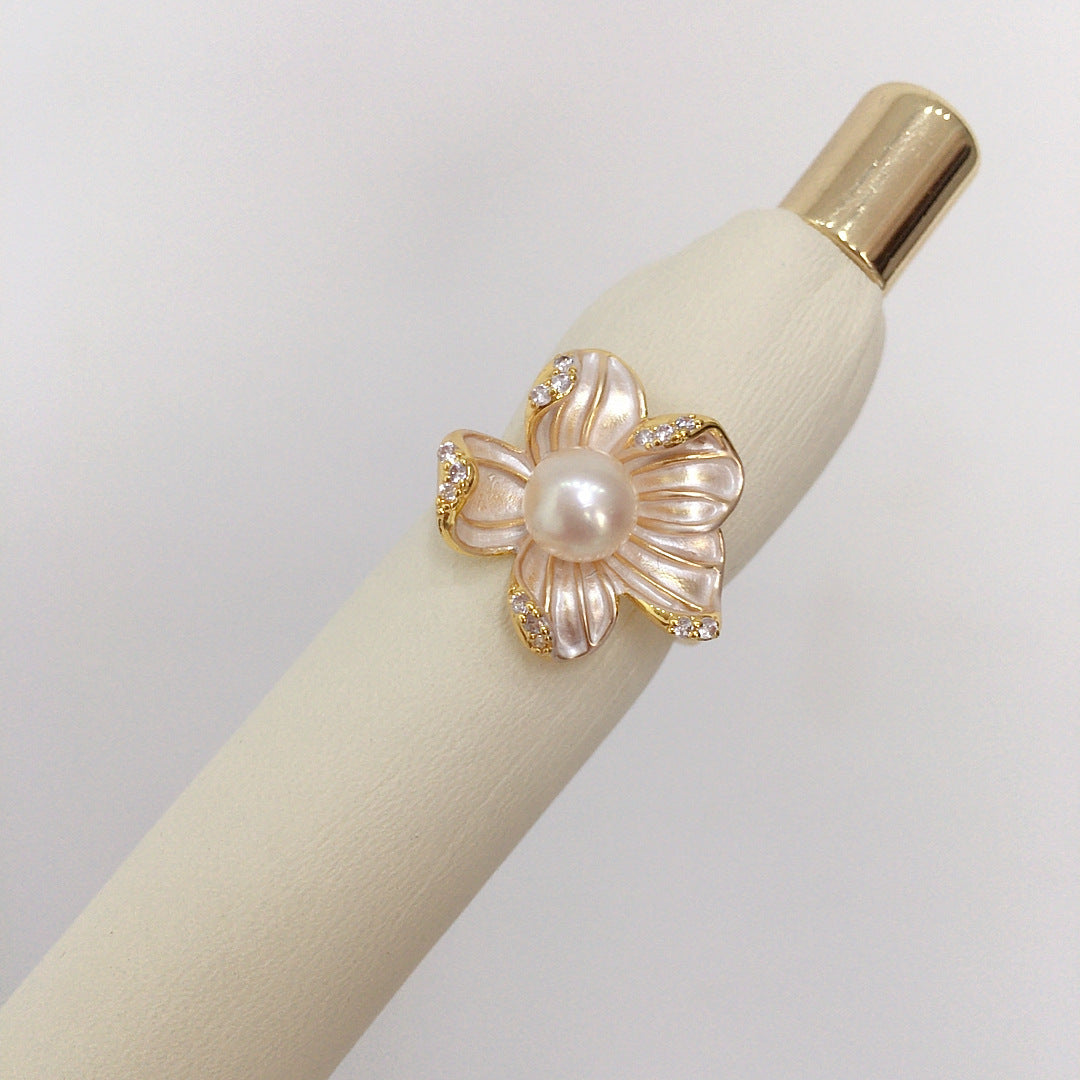 5A Bright Natural Freshwater Pearl Ring 18K Real Gold Plated Frosted Flower Ring