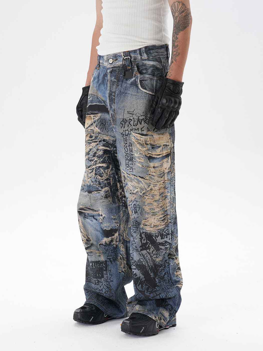 3D Digital Printing Ripped Graffiti Straight Jeans - MIQ Store