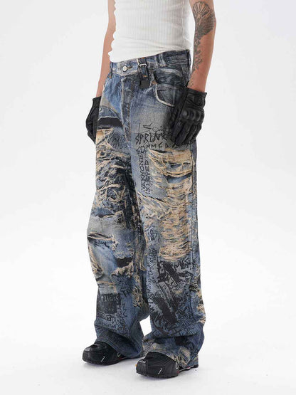 3D Digital Printing Ripped Graffiti Straight Jeans - MIQ Store