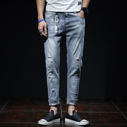 Spring And Summer Ripped Jeans Elastic Small Leg Straight Leg Pants Youth