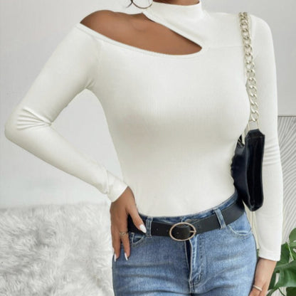 Ladies' Solid Color Elegant High Neck Sloping Shoulder Off The Shoulder Sexy T-shirt Top
