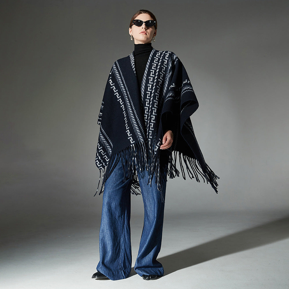 Cloak Ethnic Style Navy Blue Tassel Jacquard Shawl