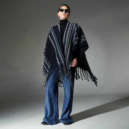 Cloak Ethnic Style Navy Blue Tassel Jacquard Shawl