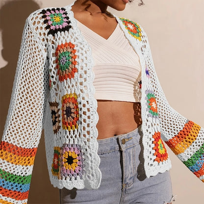 Women's Elegant Crochet Cardigan - Long Sleeve Open Front Vibrant Color Block Coat
