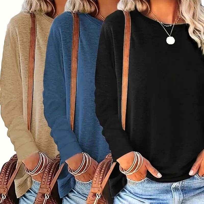 3 Pack Women's Solid Color Casual Set Round Neck Long Sleeve Tops For Spring&Fall - MIQ Store