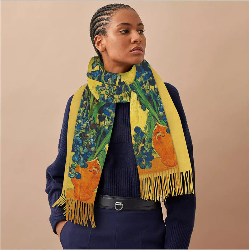 Digital Printing Artificial Cashmere Scarf Women's Winter Warm Long Fringe