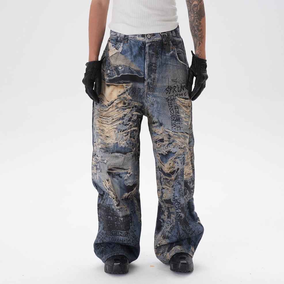 3D Digital Printing Ripped Graffiti Straight Jeans