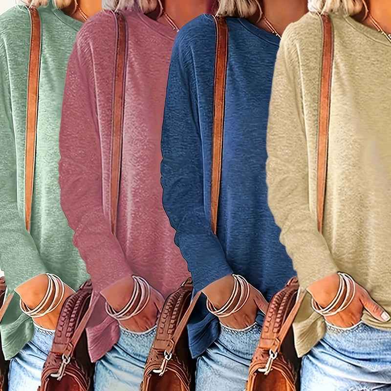 4 Pack Women's Solid Color Casual Set Round Neck Long Sleeve Tops For Spring&Fall