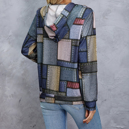 Women's Hooded Geometric Print Drawstring Fashionable Casual Hoodie Top