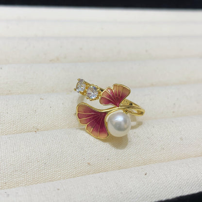 Fashion Freshwater Pearl Ring Colorful Painting Oil Flowers