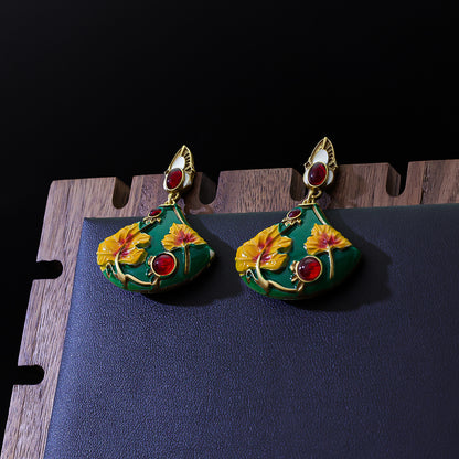 Earrings Retro Temperament Earrings Color Enamel Fan-shaped