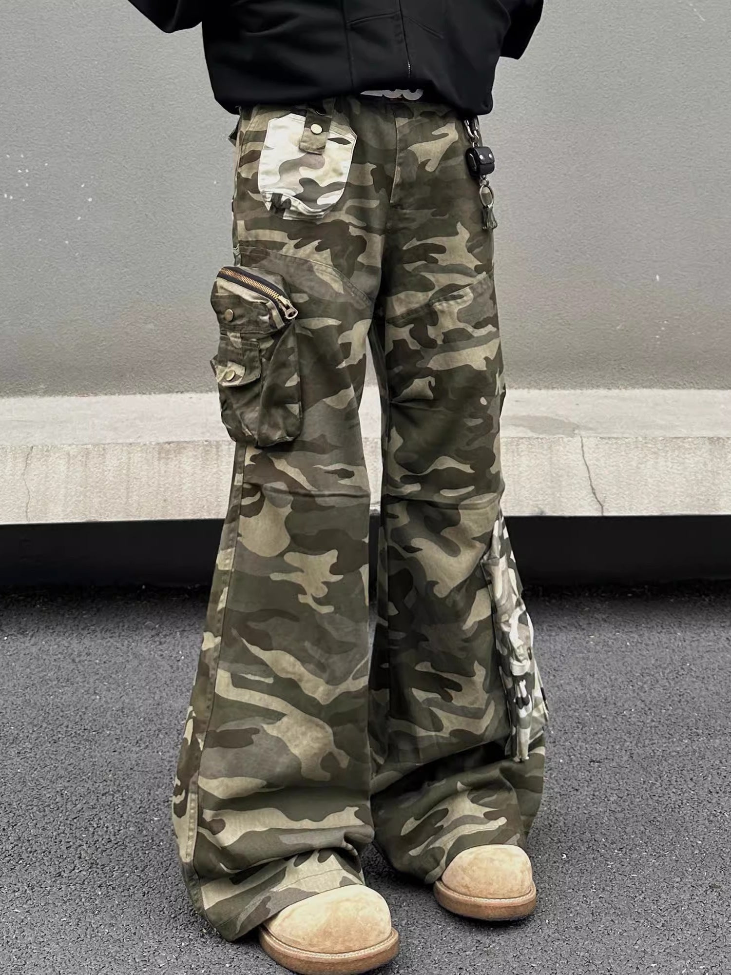 Stitched Camouflage Overalls Men's Retro Straight Casual Pants